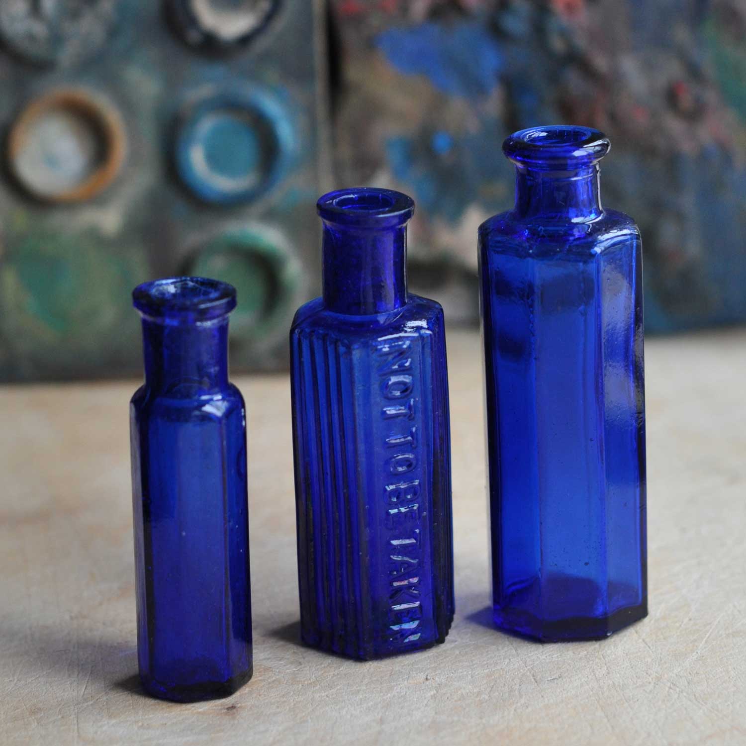 Three Blue Antique Medicine Apothecary Bottles