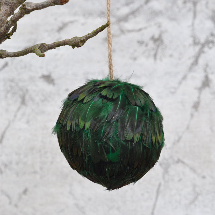 feather covered christmas bauble - green