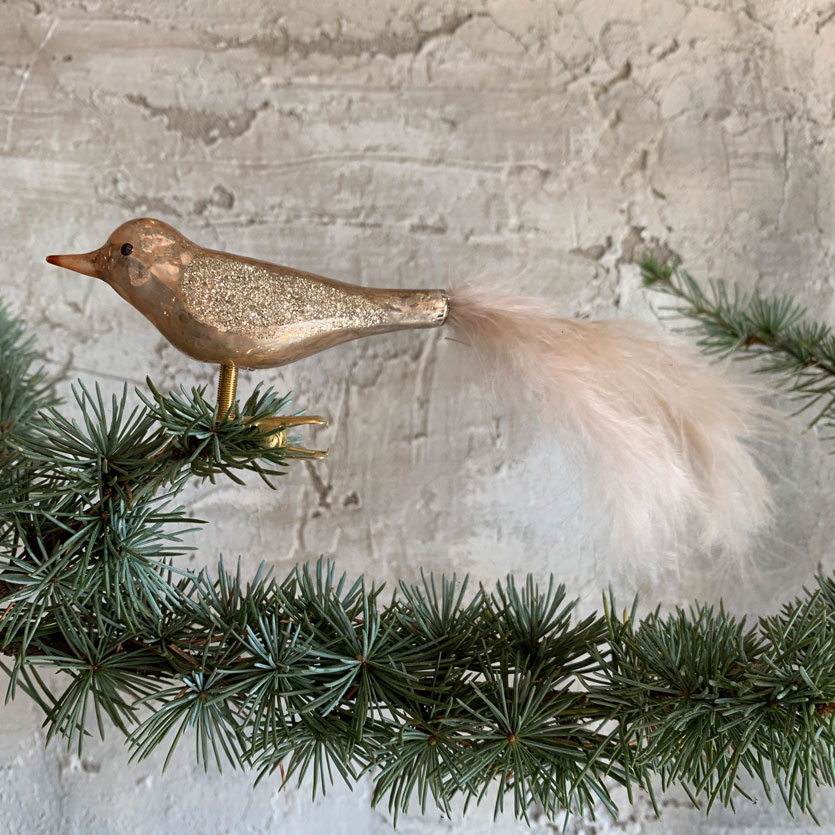 glass bird champagne pink with feather tail