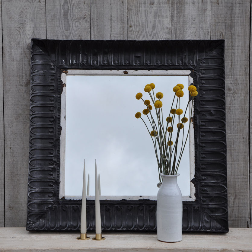 square vintage tin tile mirror | black