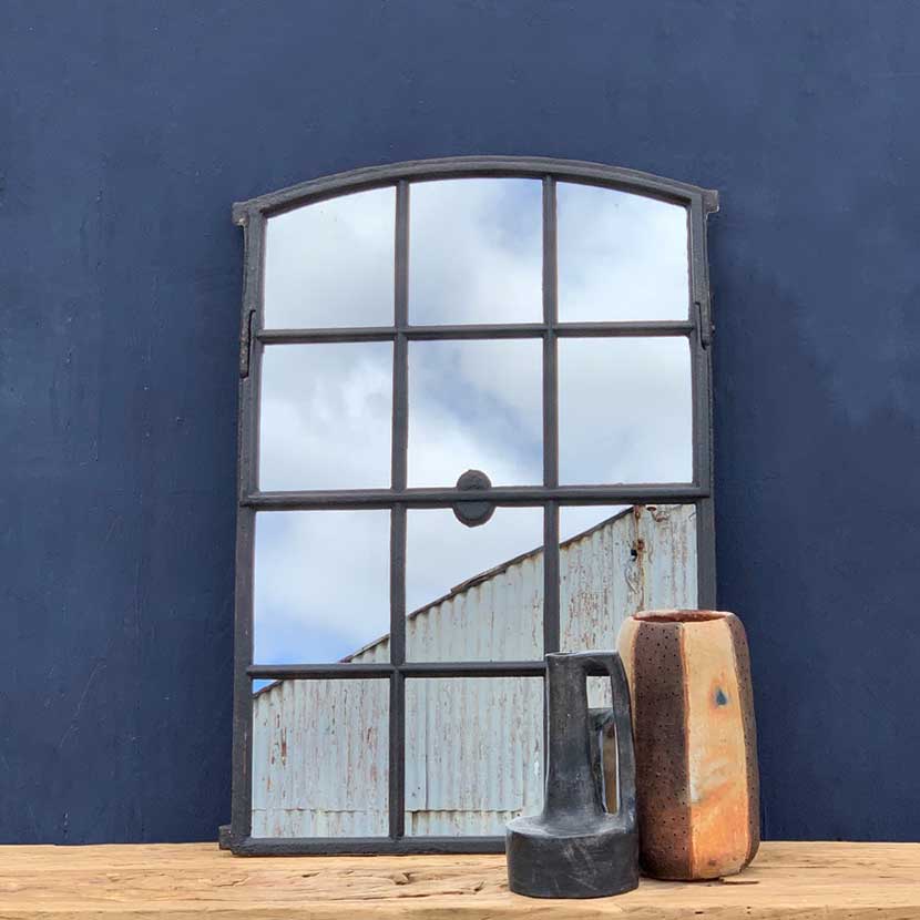 reclaimed iron arched window mirror