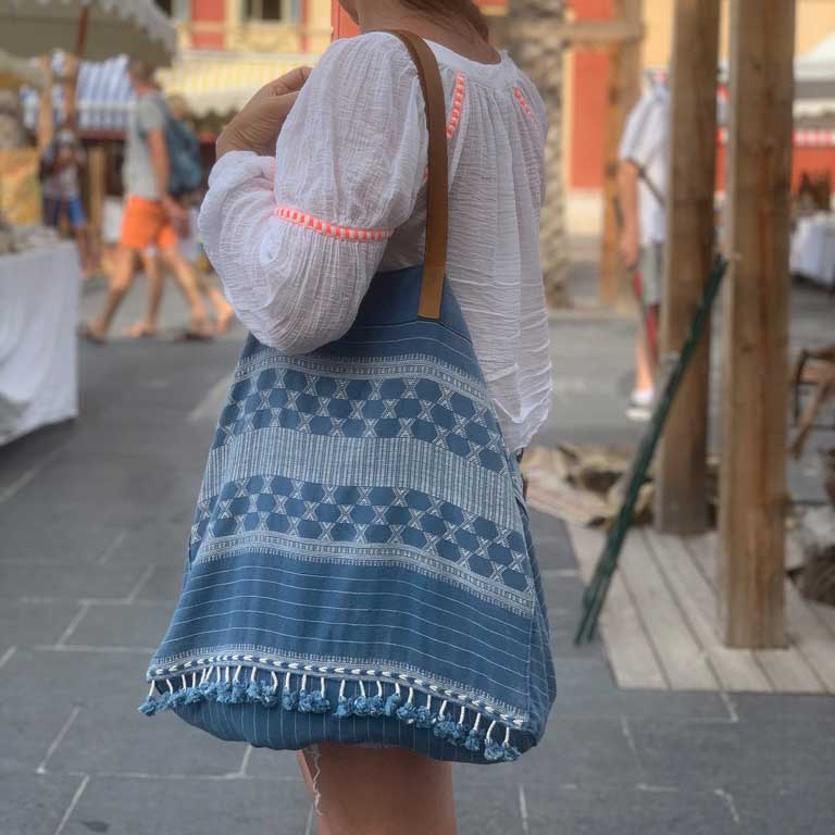 cotton hand finished indigo weekend bag