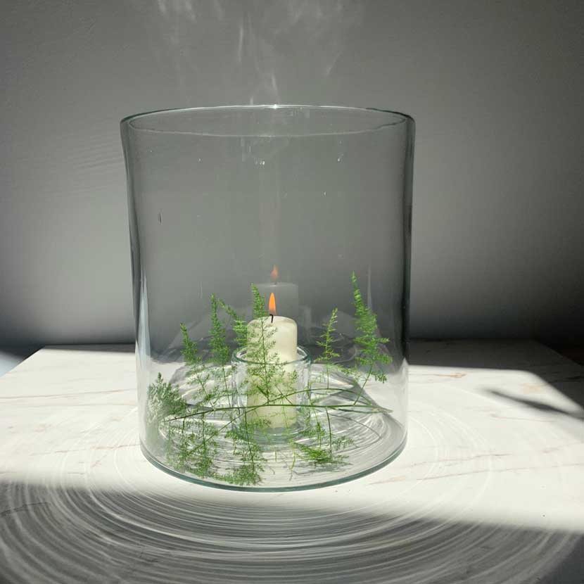 large recycled glass hurricane lantern