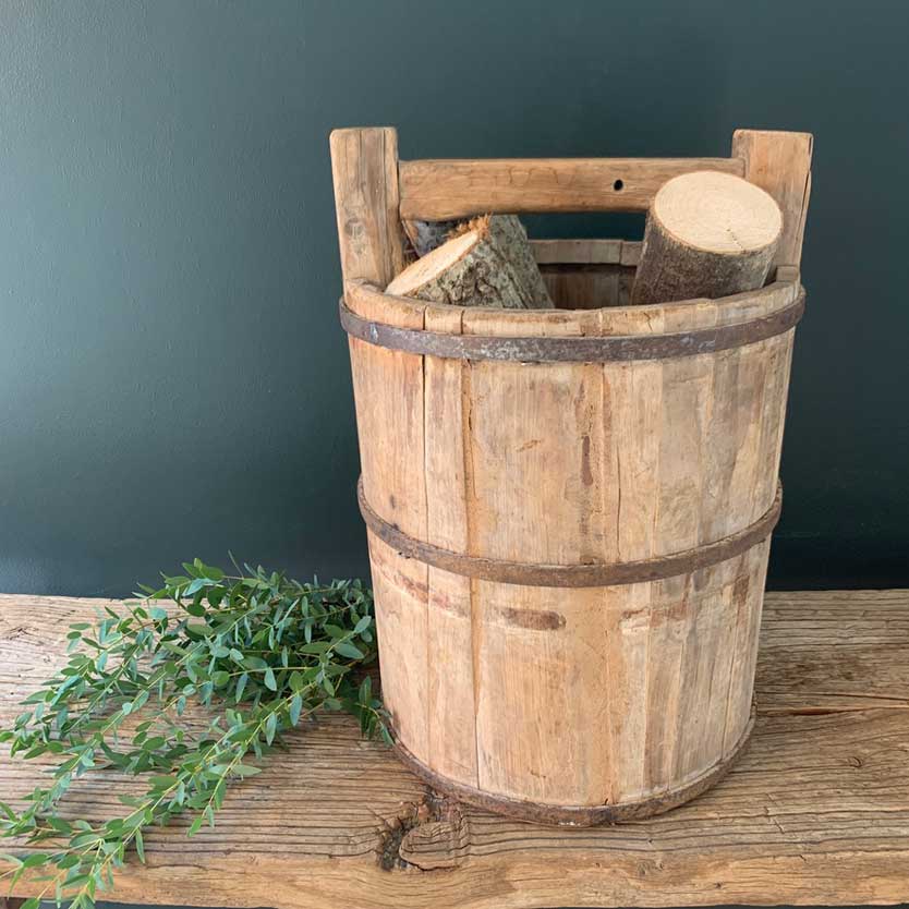 rustic antique wooden rice bucket