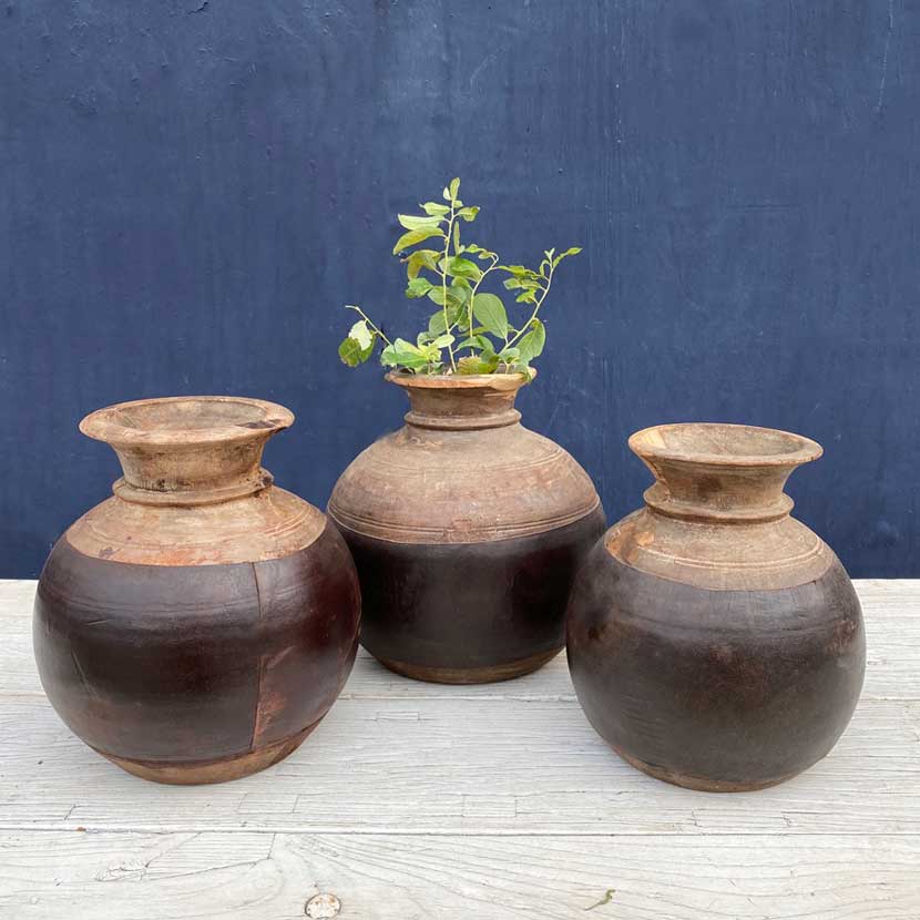 Vintage Indian Wooden Dairy Pot | Curved