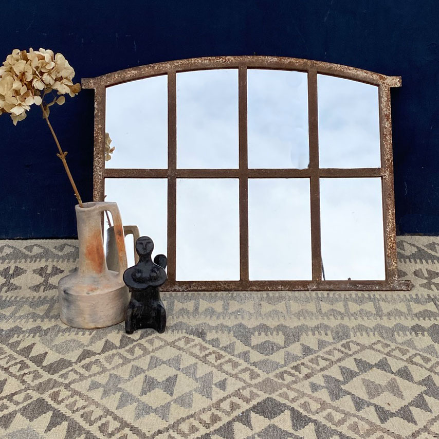 Antique Iron Arched Window Overmantle Mirror