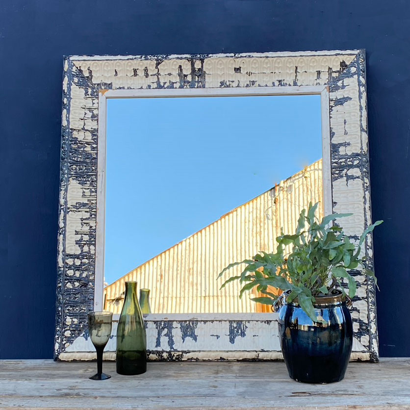 square vintage tin tile mirror | white