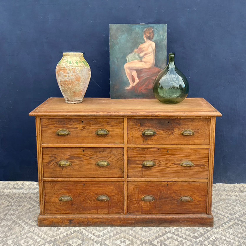 Antique pine bank of drawers