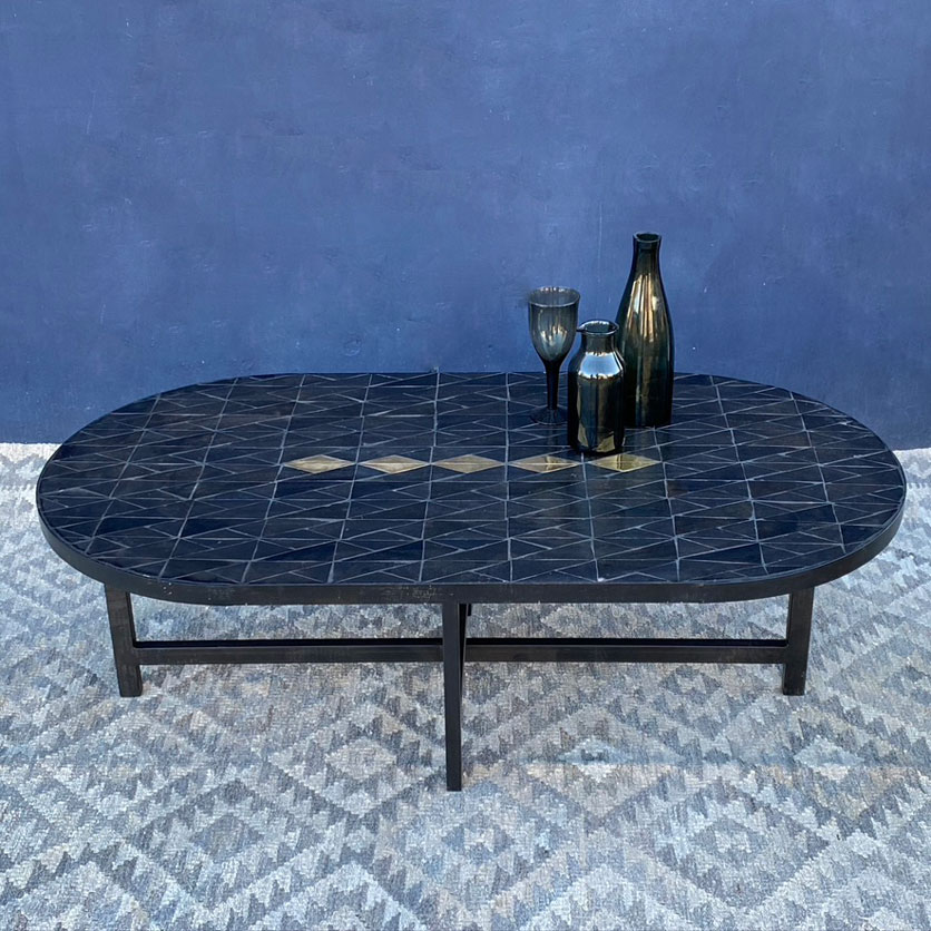 Oval Coffee Table | Geometric Tile Mosaic Top | £825 A stunning coffee table with an organic oval shaped top.  The handcrafted top features beautiful ceramic black tiles in a geometric layout.