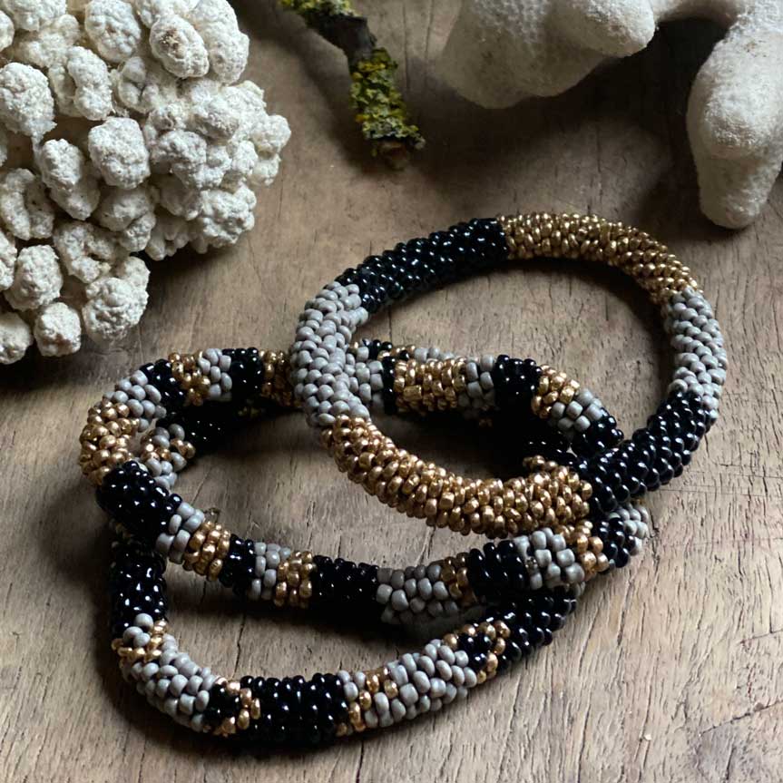 Ethnic set of three beaded bracelets | Black
