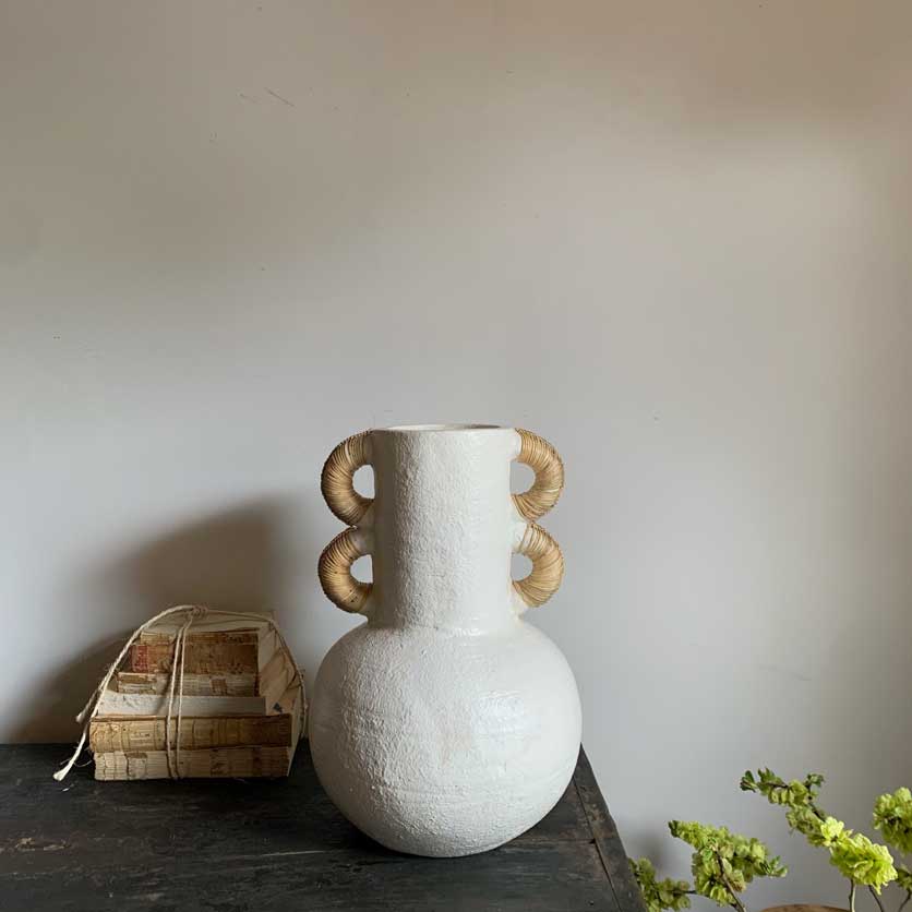 Large White Glazed Vase | Rattan Handles