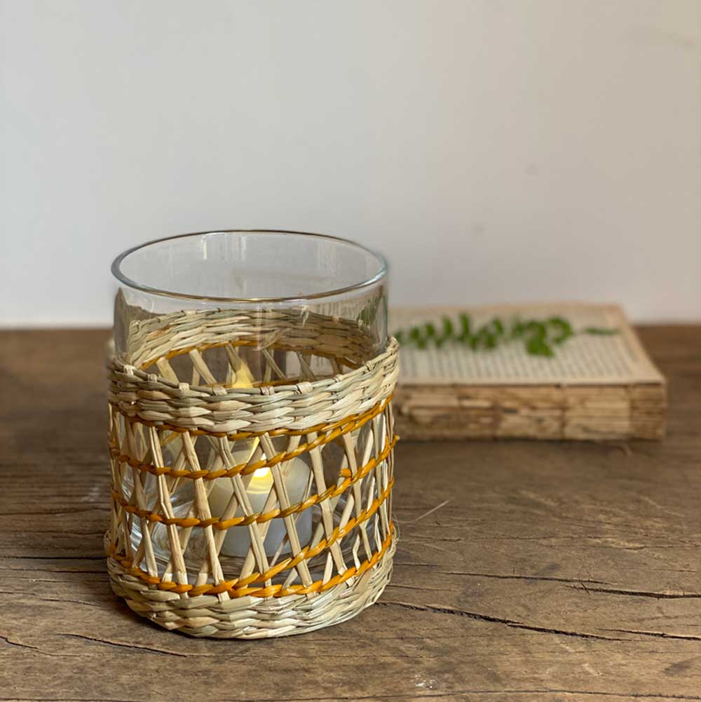 Woven Seagrass Glass Hurricane Lantern