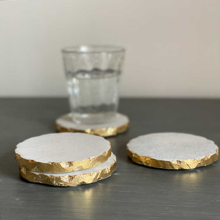 Set of four White Marble Coaster | Gold Edge