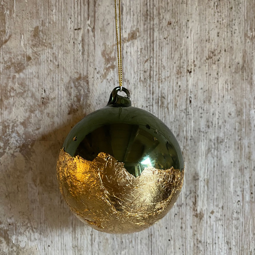 Green Glass Bauble With Gold Leaf