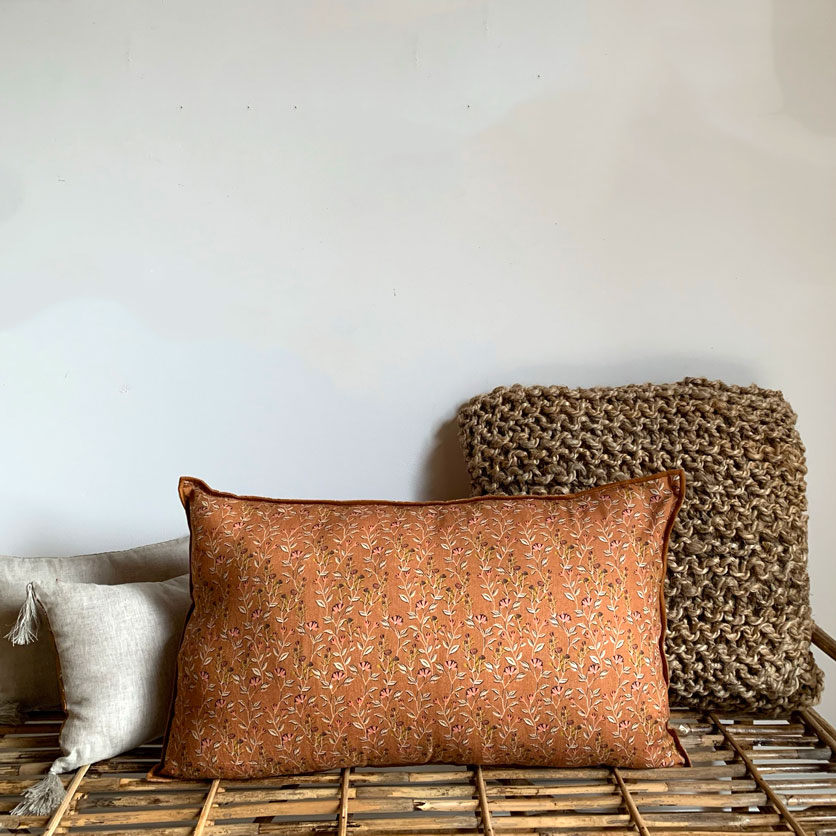 Coral Cotton and Linen Floral Cushion 40 x 65 cm