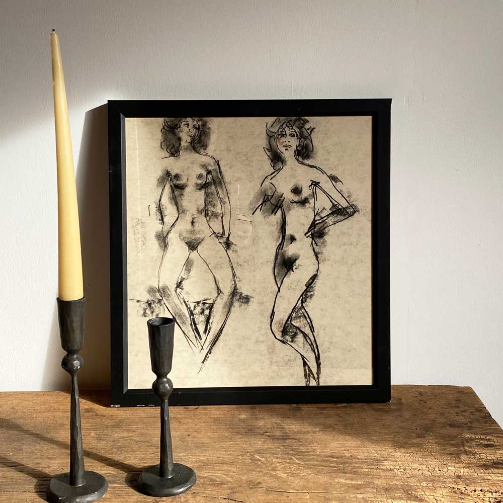 Vintage Framed Charcoal Drawing | Female Nudes