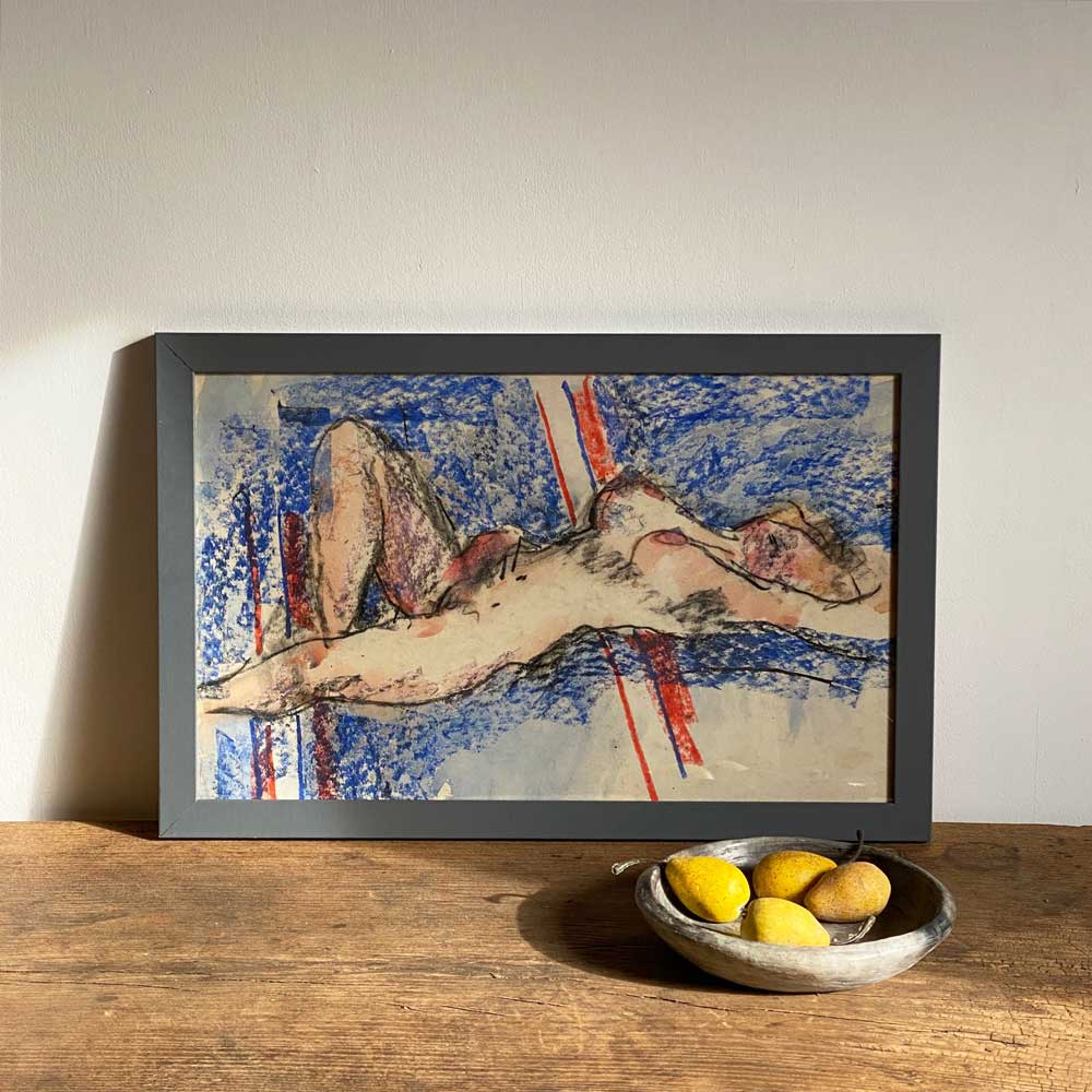 Framed Vintage Oil Pastel Drawing | Reclining Nude