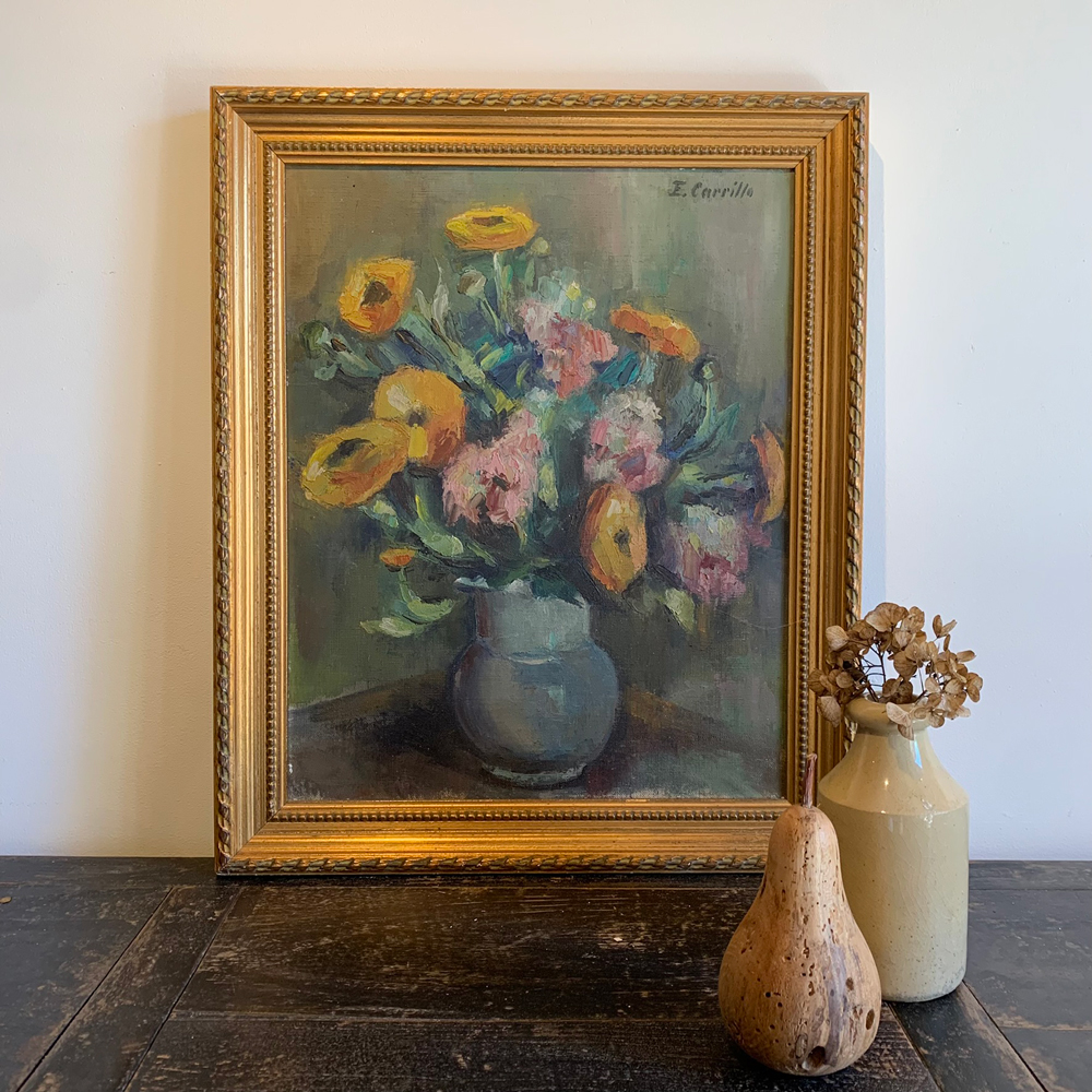 Antique Floral Oil Painting Canvas | E. Carrillo