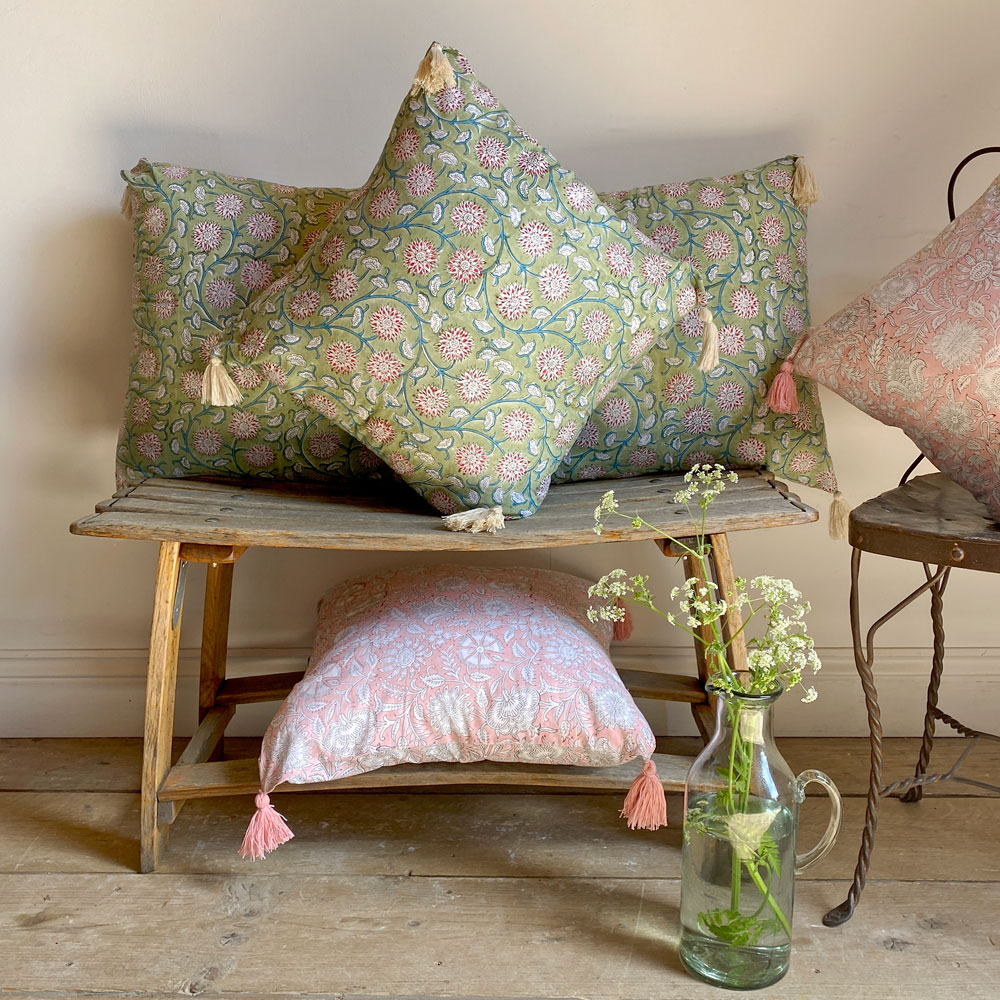 Floral Cotton Cushion Tassels | Green