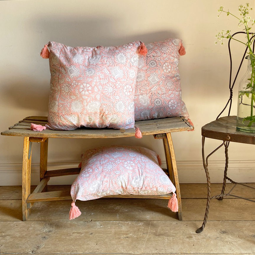 Floral Cotton Cushion Tassels | Pink