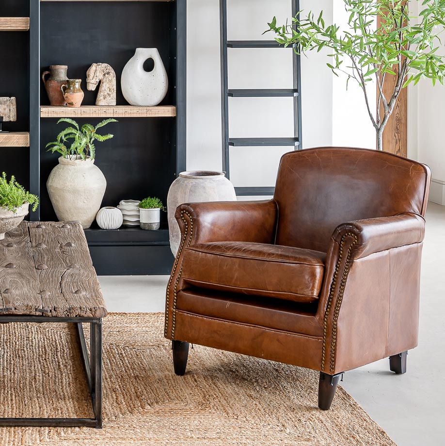 Leather Studded Front Club Chair