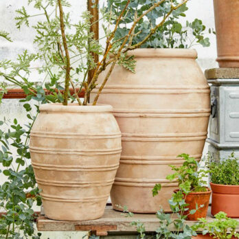 Large ridged terracotta urn