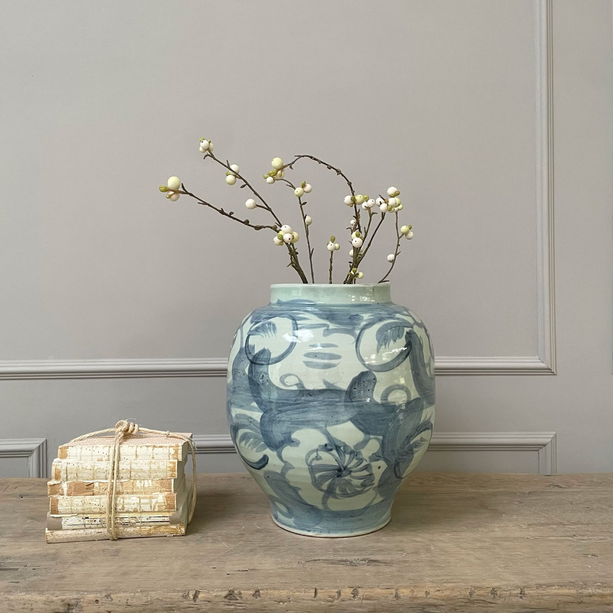 Large floral hand painted vase blue