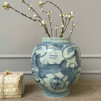Large floral hand painted vase blue