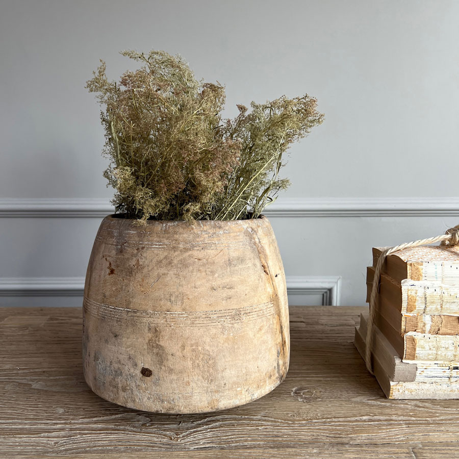 Antique Wooden Nepali Flowerpot E